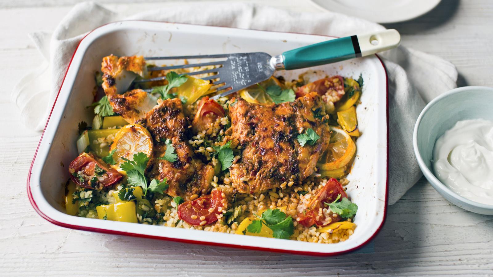 Harissa baked fish with bulgur wheat