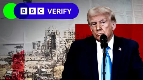 Composite image showing US President Donald Trump in front of a microphone. In the background is a designed image showing heavily damaged buildings in Gaza. In the top left of the image the BBC Verify image can be seen.