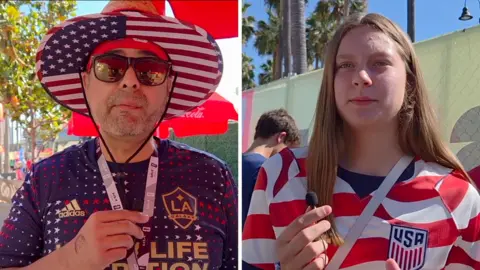 Split screen. Left, man holding microphone and looking at the camera. Right, woman holding microphone and looking at camera.