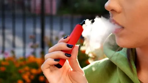 A young person partially pictured vaping with a bright red vape. You can the lower part of her face but not her eyes.