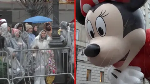 Split screen of people in the rain and a giant balloon of Mini Mouse 