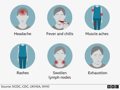 Graphic showing mpox symptoms - headache, fever and chills, muyscle aches, rashes, swollen lymph nodes, exhaustion