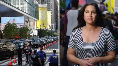 Split screen. Left, outside of Madison Square Garden. Right, Nada Tawfik.