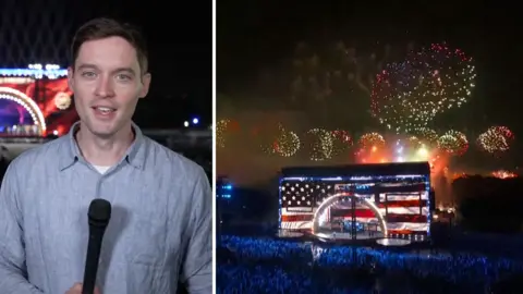 Composite image showing BBC correspondent wearing blue shirt on the left and stage lit up with US flag and fireworks