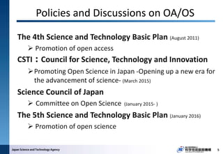 Policies and Discussions on OA/OS
The 4th Science and Technology Basic Plan (August 2011)
 Promotion of open access
CSTI：Council for Science, Technology and Innovation
Promoting Open Science in Japan -Opening up a new era for
the advancement of science- (March 2015)
Science Council of Japan
 Committee on Open Science (January 2015- )
The 5th Science and Technology Basic Plan (January 2016)
 Promotion of open science
5
 