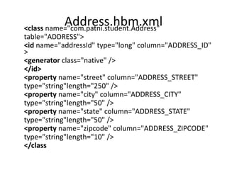 Address.hbm.xml
<class name="com.patni.student.Address"
table="ADDRESS">
<id name="addressId" type="long" column="ADDRESS_ID"
>
<generator class="native" />
</id>
<property name="street" column="ADDRESS_STREET"
type="string"length="250" />
<property name="city" column="ADDRESS_CITY"
type="string"length="50" />
<property name="state" column="ADDRESS_STATE"
type="string"length="50" />
<property name="zipcode" column="ADDRESS_ZIPCODE"
type="string"length="10" />
</class

 