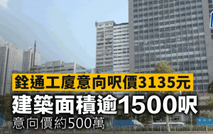 銓通工廈意向呎價3135元 建築面積逾1500呎 意向價約500萬