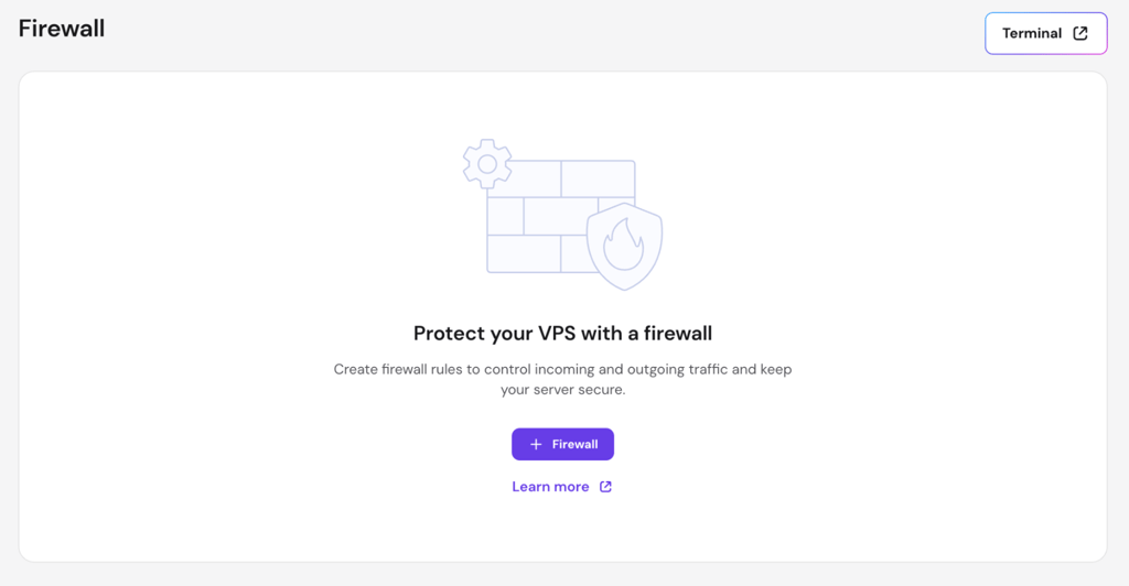 hpanel-vps-settings-firewall Hostinger VPS Firewall. Create rules through a visual interface without touching the command line.