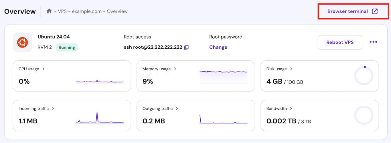 The Browser terminal button on hPanel's VPS overview menu