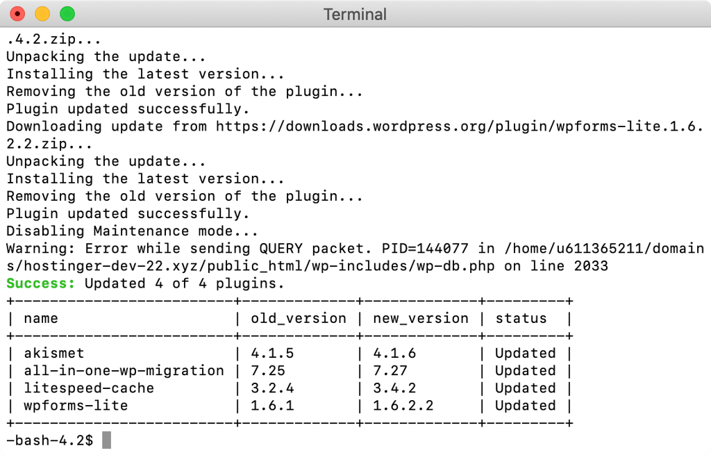 A successful WP-CLI WordPress update.
