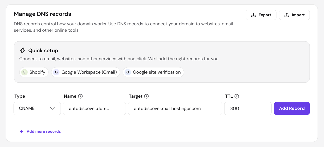 hPanel Manage DNS Records screen showing a CNAME record being added with autodiscover.mail.hostinger.com as the target