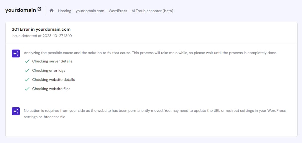 The AI Troubleshooter feature in Hostinger's control panel