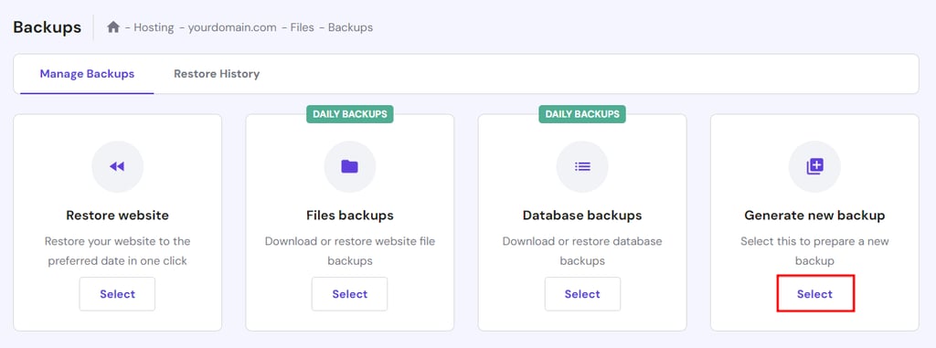 The Backups section in Hostinger's control panel with the option to generate new backup highlighted in red