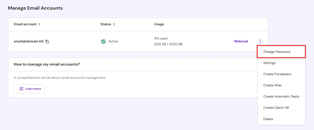 Manage Email Accounts section in Hpanel highlighting the option to change email password
