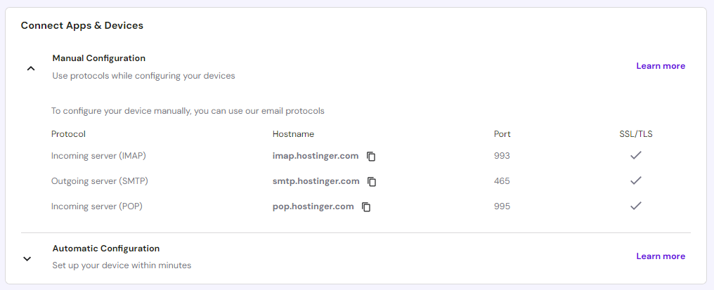 IMAP, SMPT, and POP settings on Hostinger hPanel