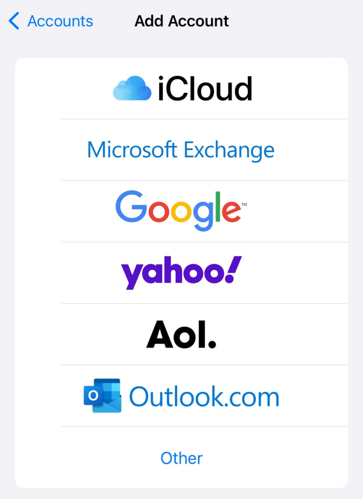 A list of email service providers that iOS supports on iPhone