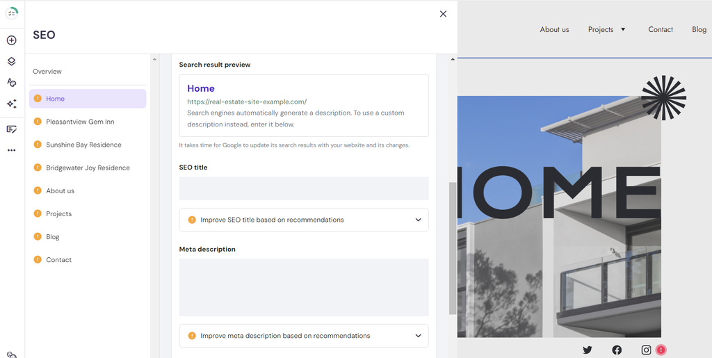 The SEO tools showing the search result preview, SEO title, and meta description