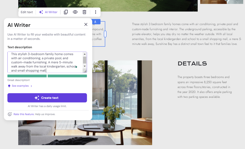 The AI Writer tool in Hostinger Website Builder