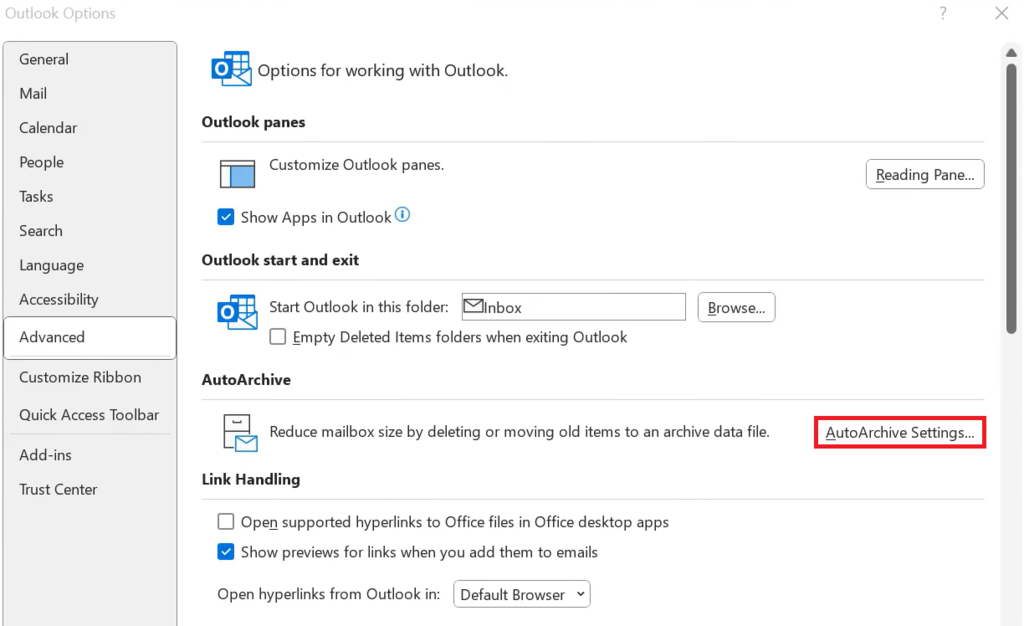 Accessing AutoArchive Settings on Outlook