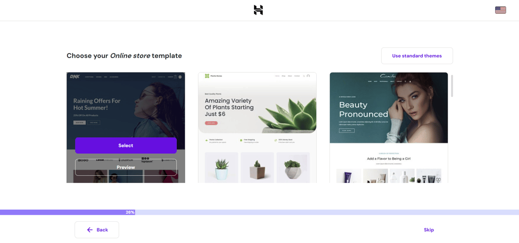 Scelta di un template di negozio online nella procedura guidata della configurazione di WooCommerce di Hostinger