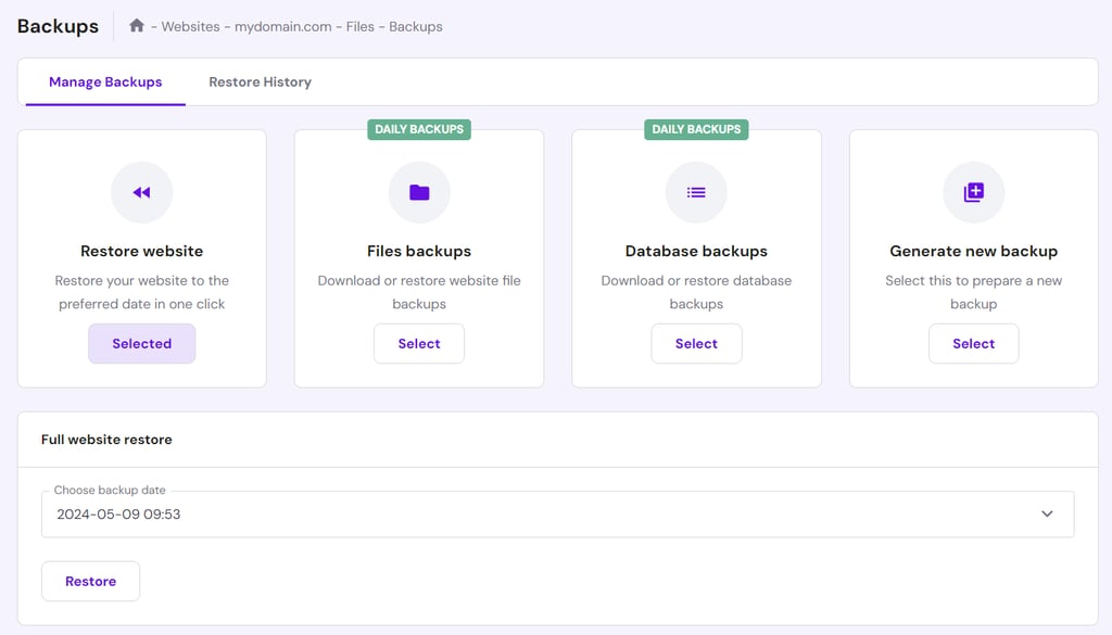 Sezione backup di hPanel