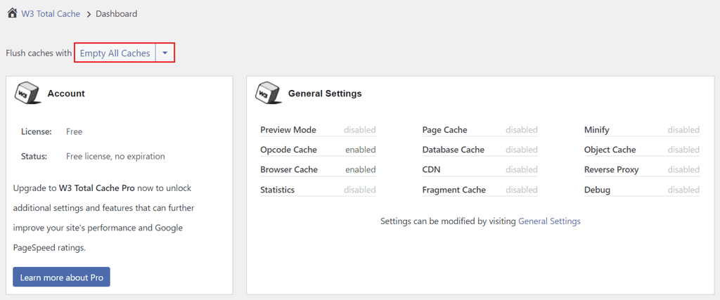 Cancellazione della cache con il plugin di WordPress W3 Total Cache