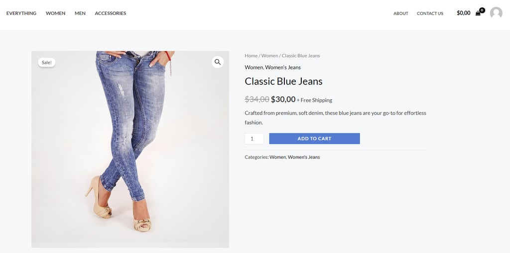 Un esempio di pagina del prodotto di WooCommerce