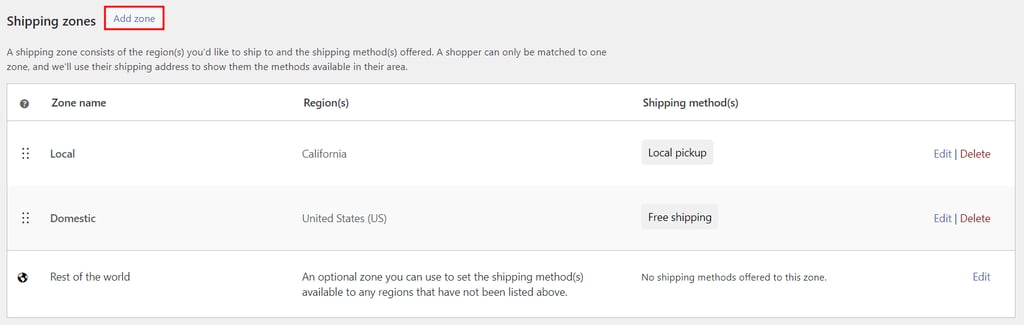 Zone di spedizione di WooCommerce, con il pulsante per aggiungere una nuova zona in evidenza