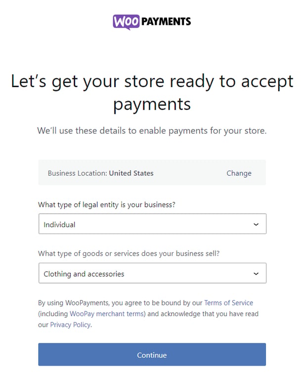 Procedura guidata di configurazione di WooPayments mentre mostra un modulo per inserire i dettagli aziendali