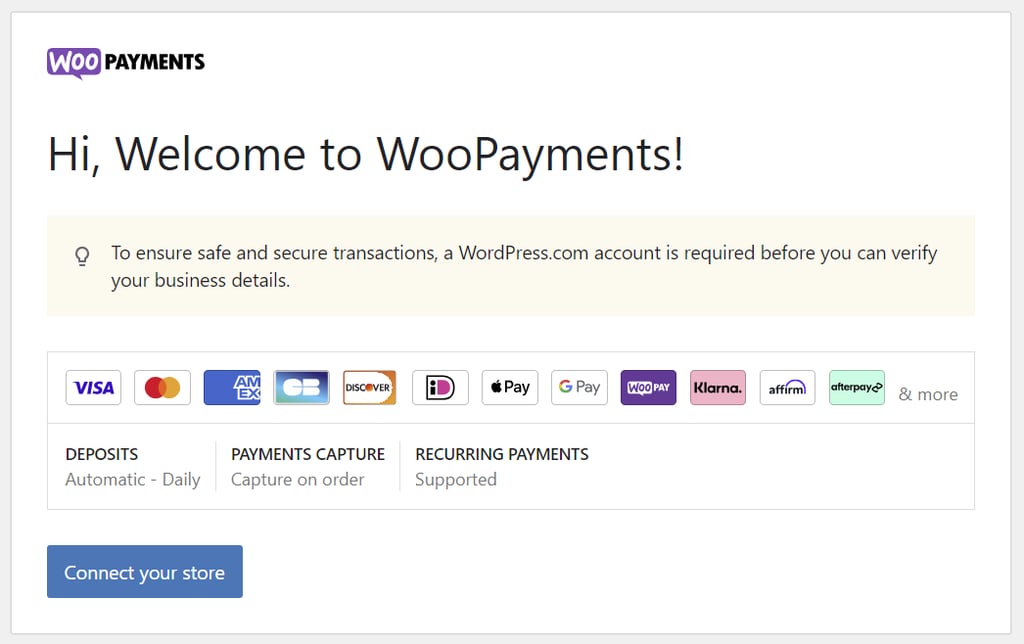 Inizio della procedura guidata di configurazione di WooPayments