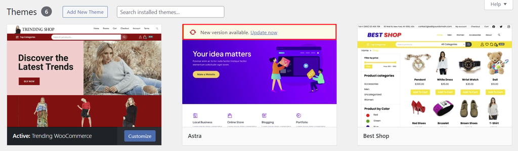 Sezione dei temi di WordPress, con il pulsante per aggiornare un tema in evidenza