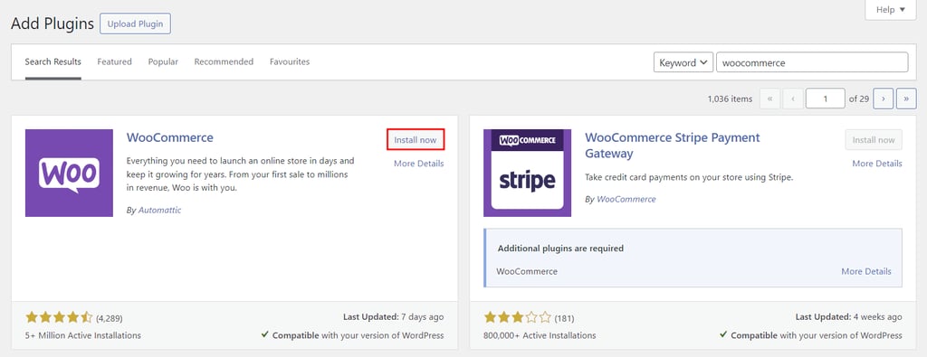Directory dei plugin di WordPress, con il pulsante per installare WooCommerce in evidenza