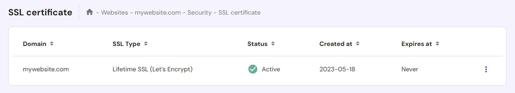 SSL section in Hostinger's hPanel