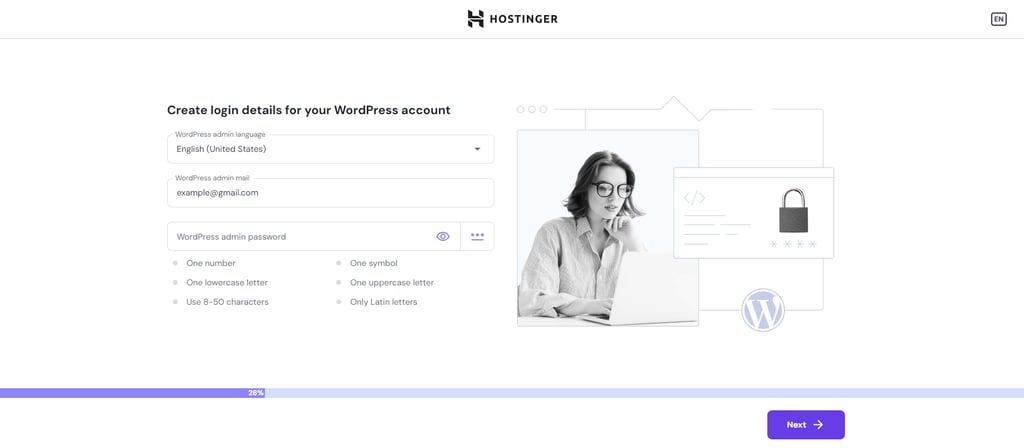 Die Seite zum Erstellen eines WordPress-Kontos während der Registrierung bei Hostinger