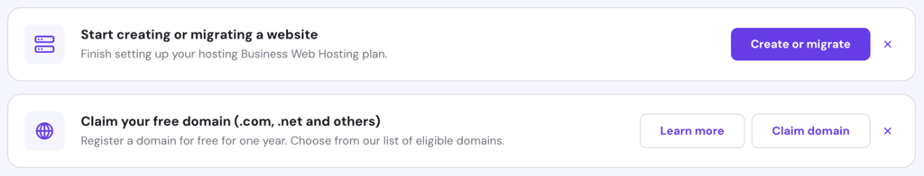 Hostinger dashboard with claim domain notification