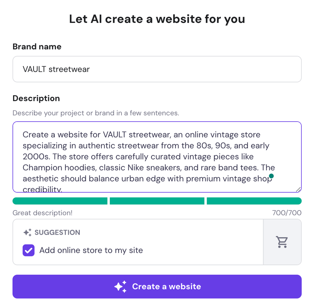 Hostinger Website Builder prompt fields
