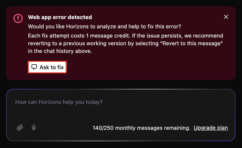 The Ask to fix button in Hostinger Horizons