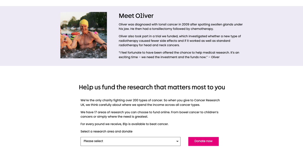 The donation page of the Cancer Research UK website shows research in need of funding and an impact story