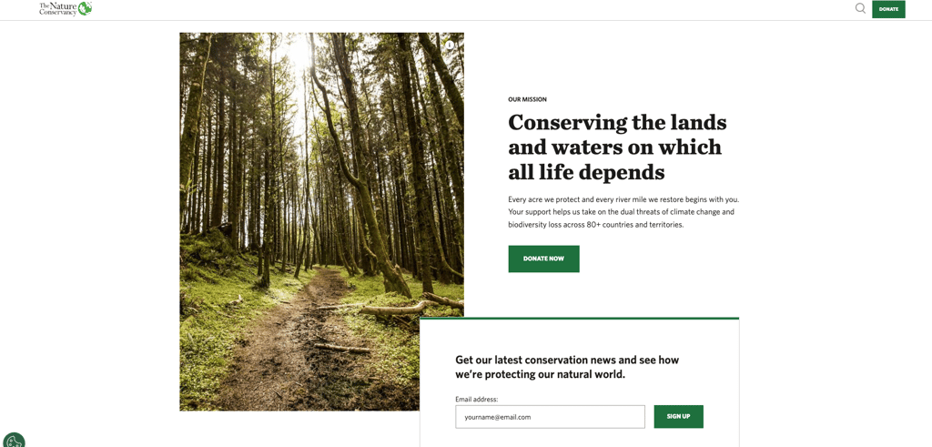 CTAs to drive donation and sign up for the newsletter in The Nature Conservancy page