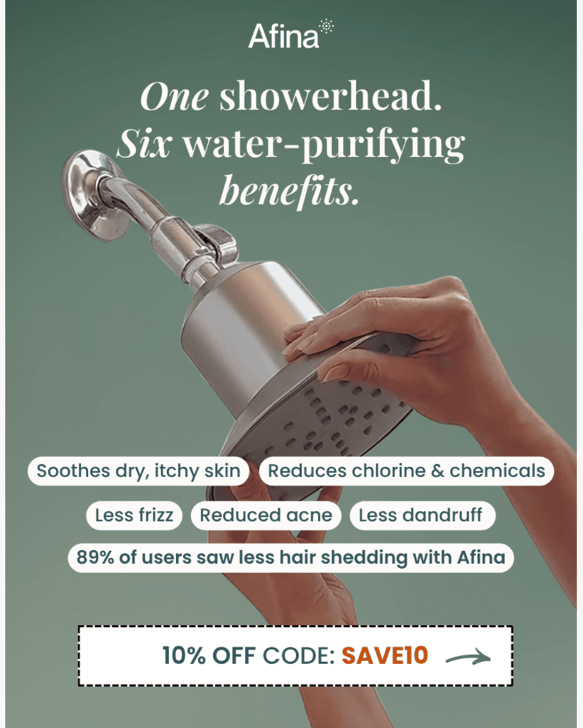 Afina email marketing campaign showing their water-purifying showerhead