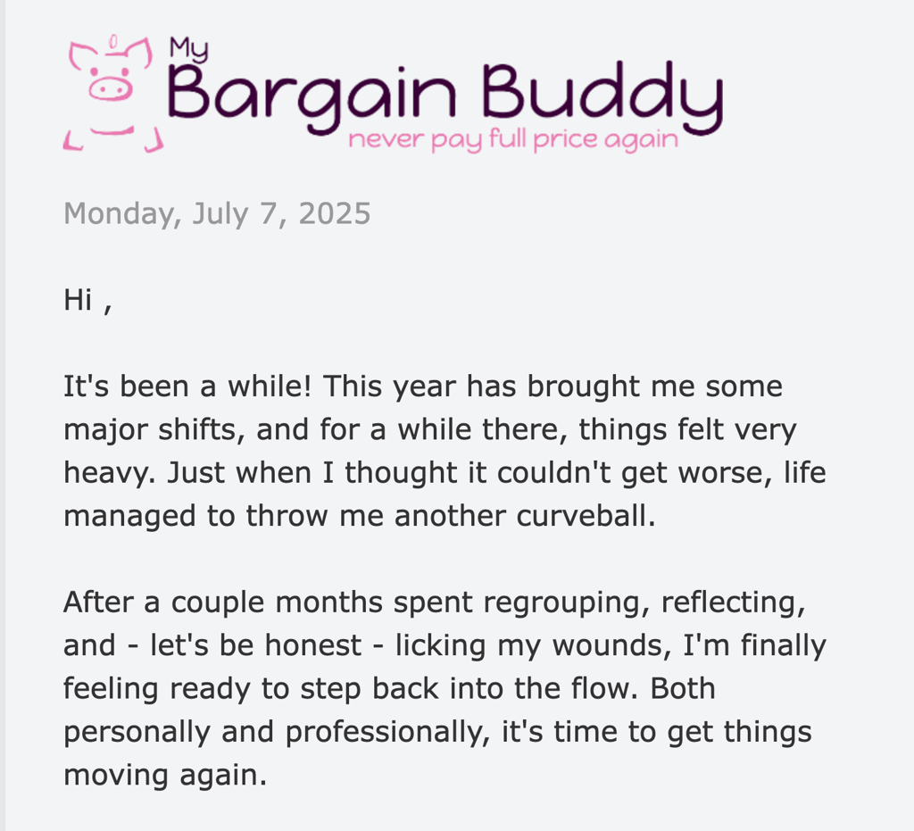 My Bargain Buddy email marketing campaign showing opening letter