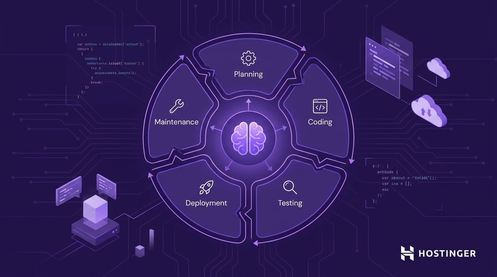 technical illustration showing an Engineering AI agent system with five interconnected lifecycle nodes — Planning, Coding, Testing, Deployment, and Maintenance — arranged in a circular flow