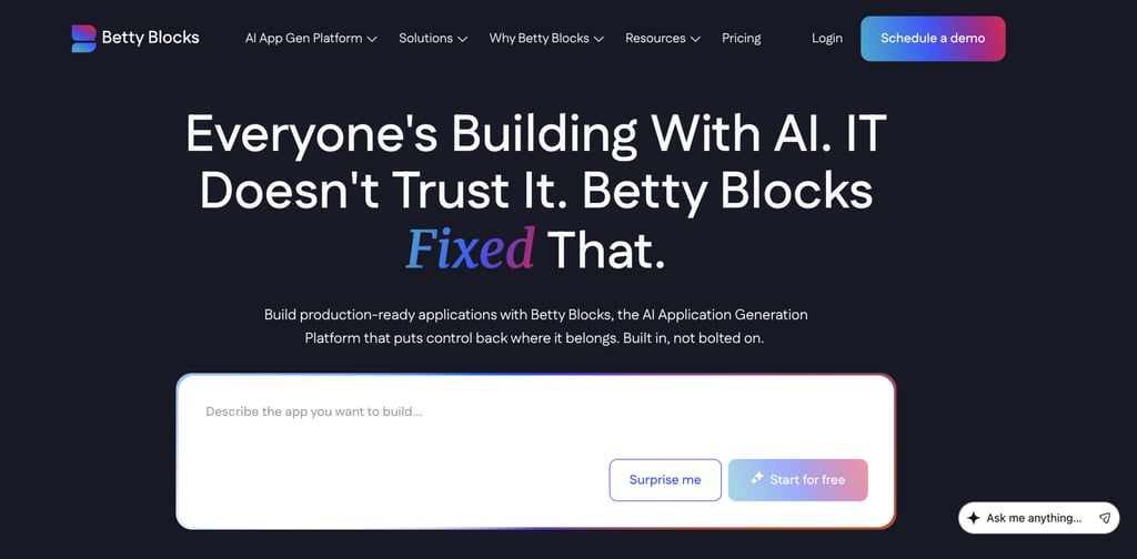 Betty Blocks homepage promoting its AI-powered no-code application platform, featuring the headline "Everyone's Building With AI. IT Doesn't Trust It. Betty Blocks Fixed That,"