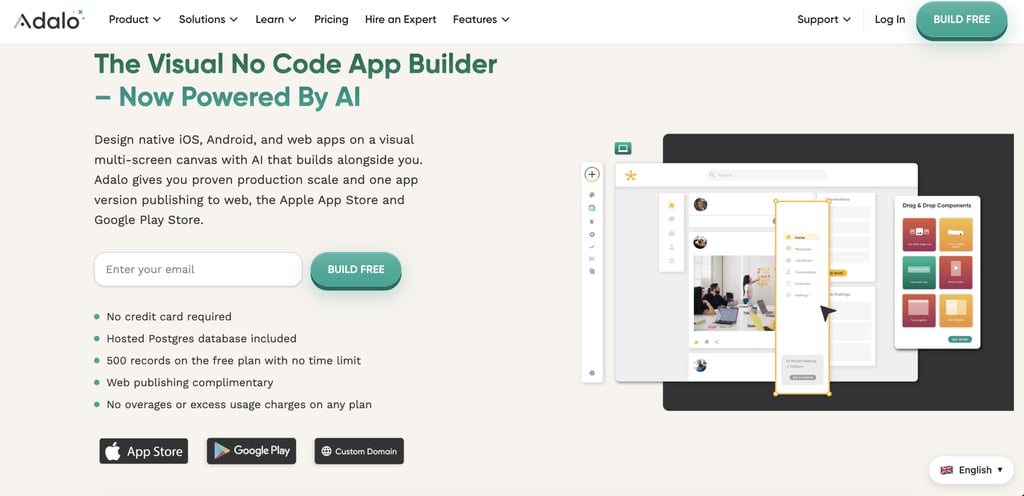 Adalo homepage promoting its AI-powered no-code app builder, featuring a visual drag-and-drop editor for creating iOS, Android, and web apps, with production publishing, free plan highlights, and support for custom domains and app store deployment.