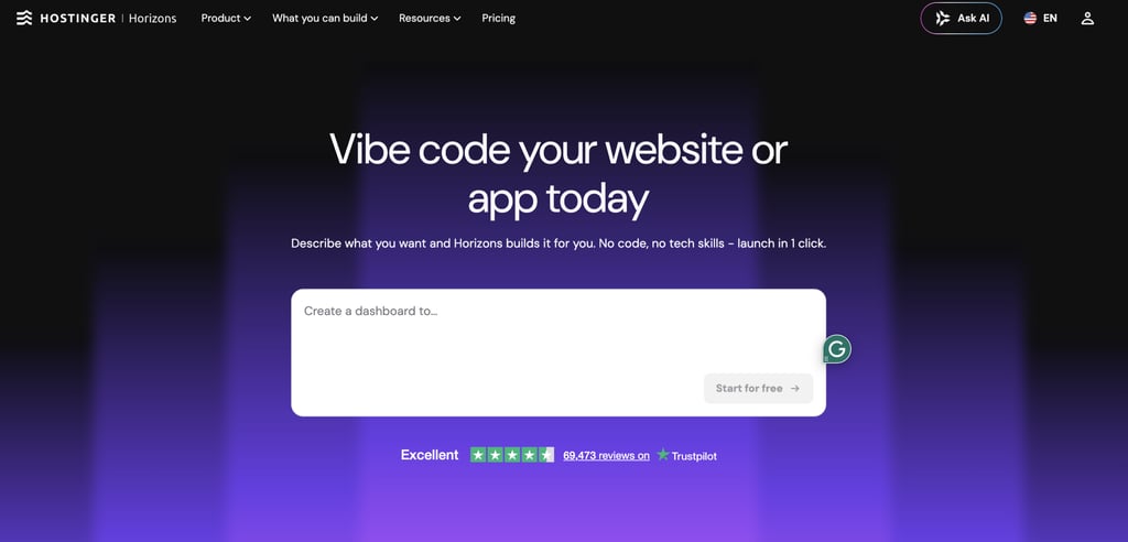 Hostinger Horizons homepage showing an AI-powered no-code app builder with the headline "Vibe code your website or app today,"