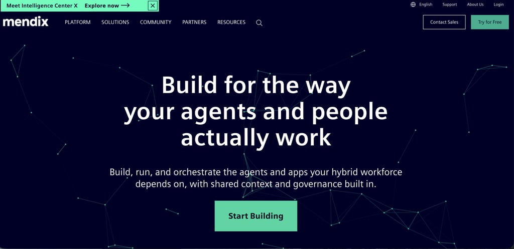 Mendix homepage promoting its low-code application development platform, featuring the headline "Build for the way your agents and people actually work,"