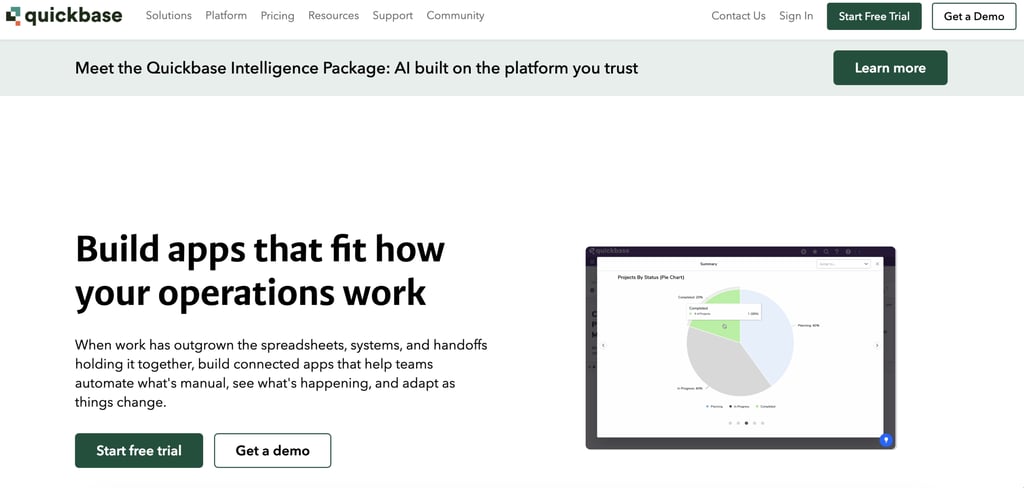 Quickbase homepage promoting its no-code application platform, featuring the headline "Build apps that fit how your operations work,"