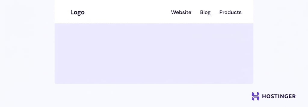 Website wireframe showing a header with a logo and navigation menu, a large hero content area below, and Hostinger branding in the bottom-right corner.