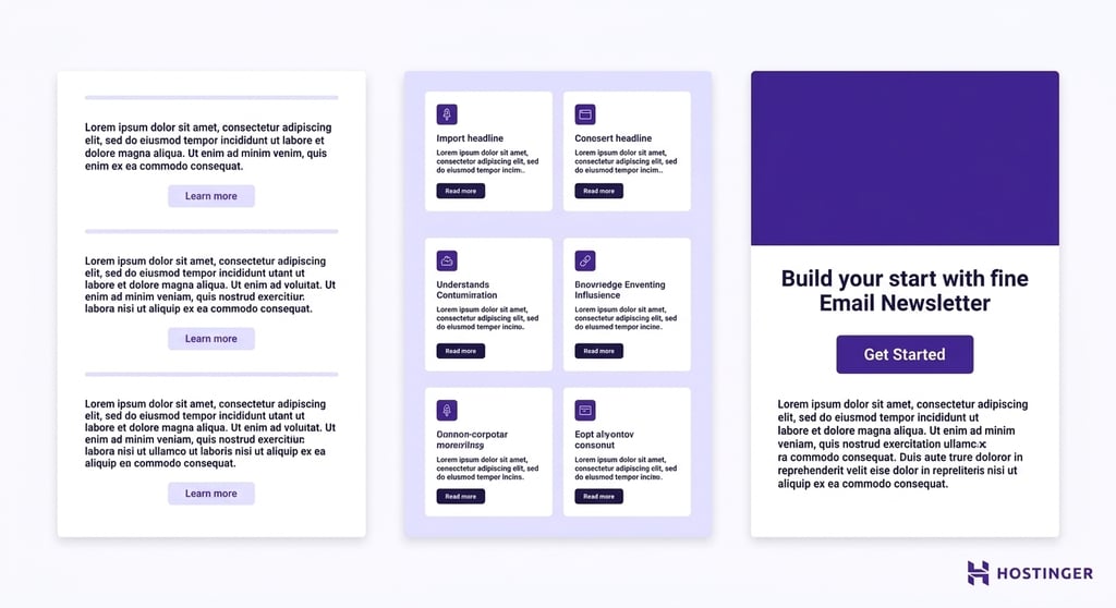 Email newsletter template showcasing a three-column layout with article previews, feature cards, and a newsletter signup call-to-action, with Hostinger branding in the bottom-right corner.