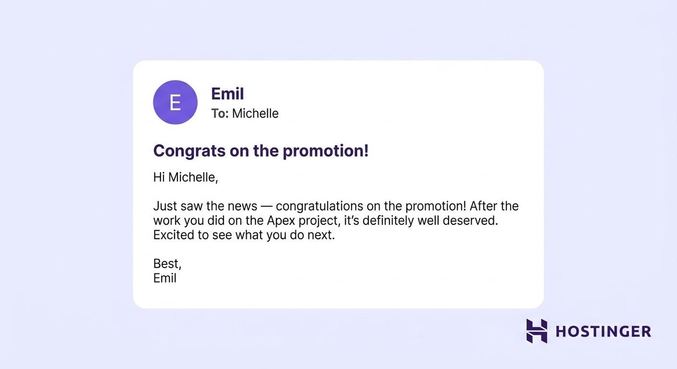 Casual business email example: congratulatory email